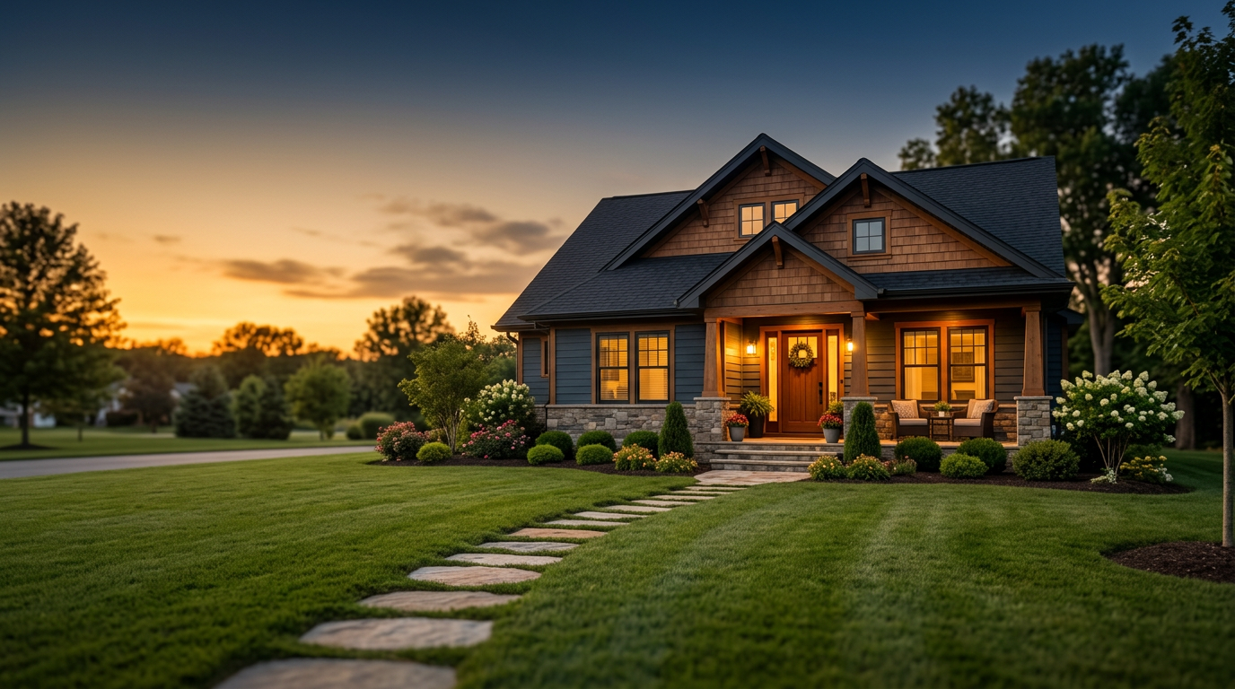Warm evening light on a welcoming home—representing the DreamBuilder path to homeownership with Roxford Holdings